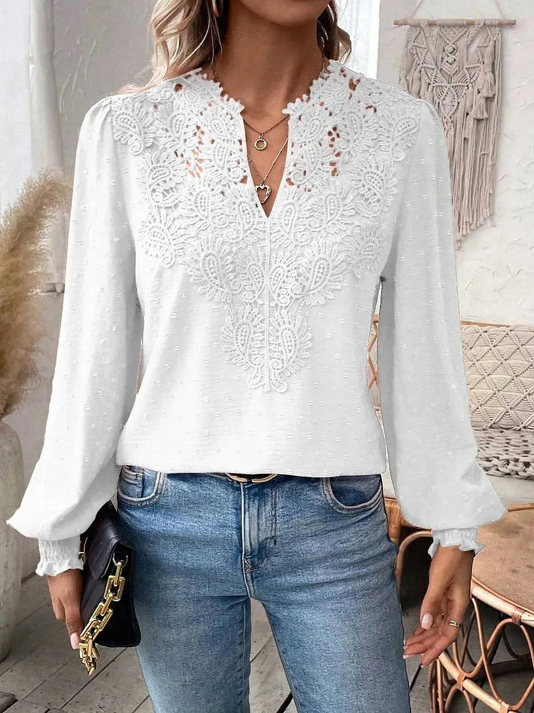 Women's Swiss Dot Lace Puff Sleeve Blouse
