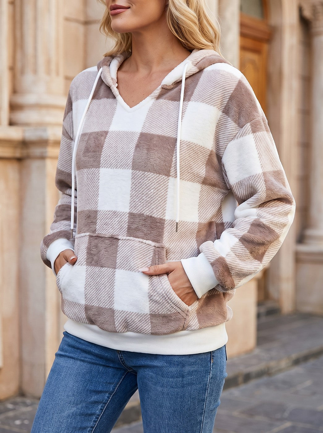Women's Buffalo Plaid Sherpa Hoodie with Pocket