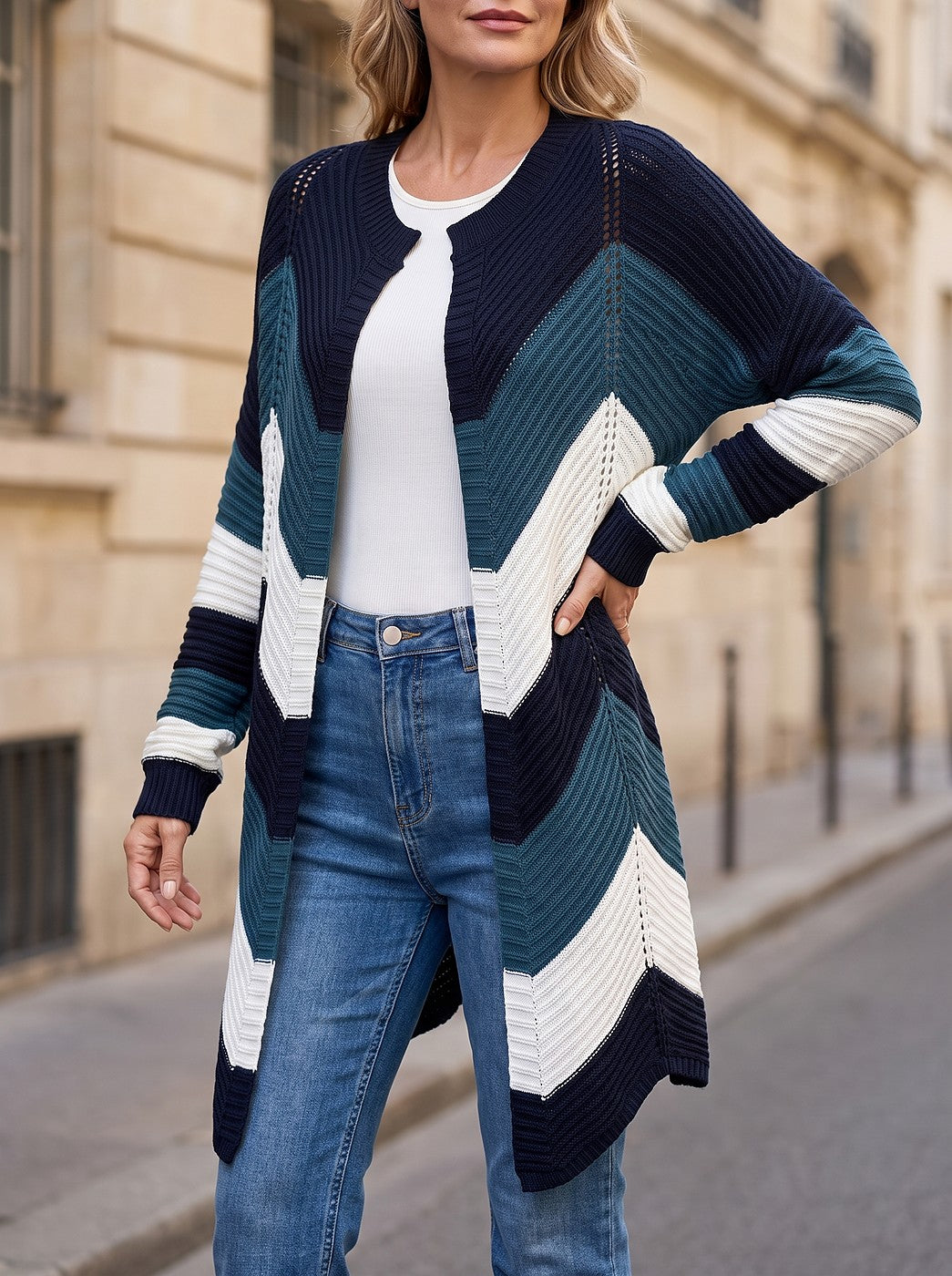 Women's Zigzag Color Block Open Cardigan