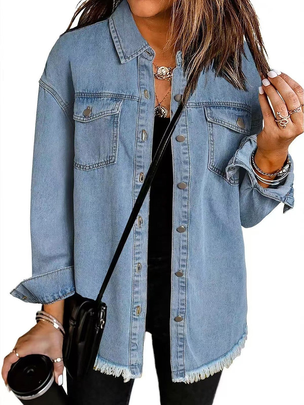 Women's Relaxed Frayed Hem Denim Shacket