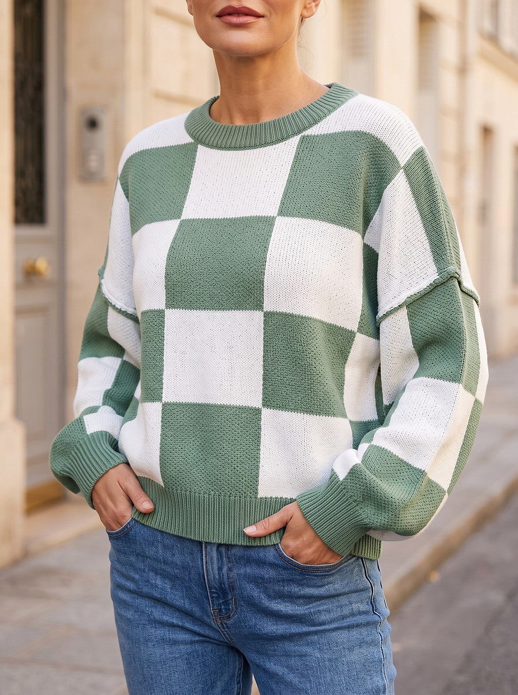 Women's Checkerboard Knit Cropped Crewneck Sweater