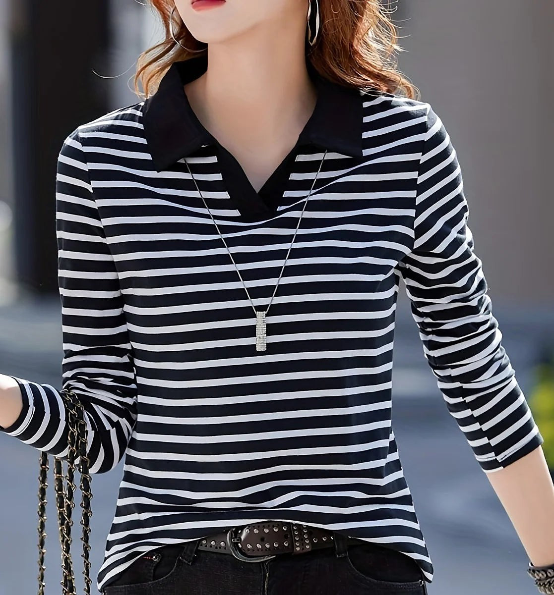 Women's Cozy Long Sleeve Striped Polo Top