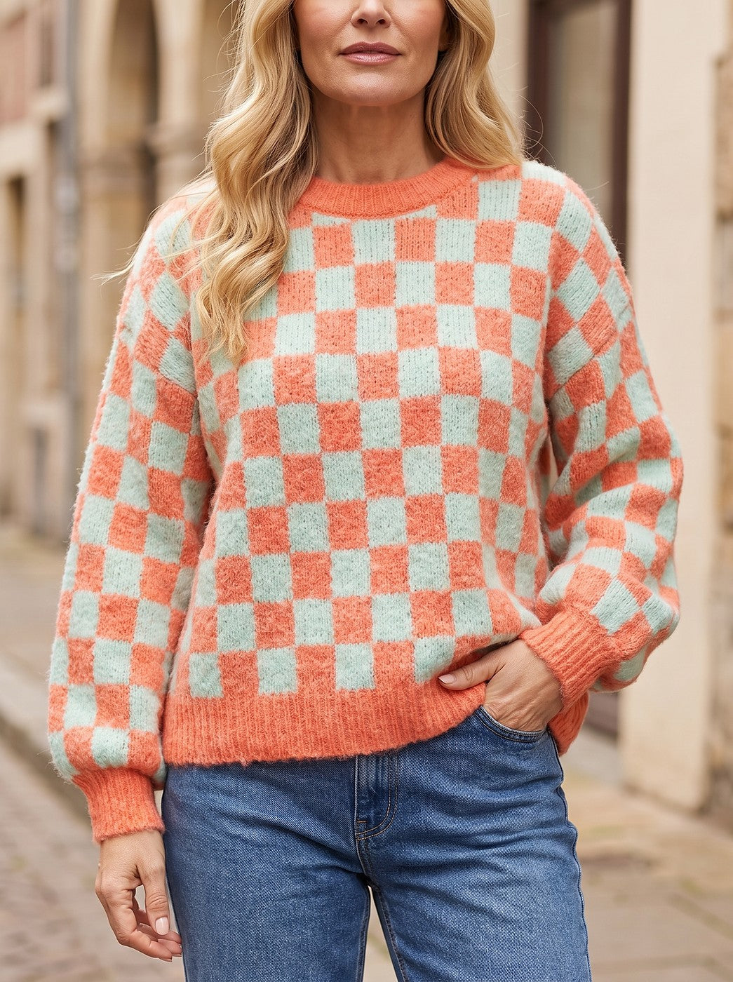 Women's Checkerboard Brushed Knit Lantern Sleeve Sweater