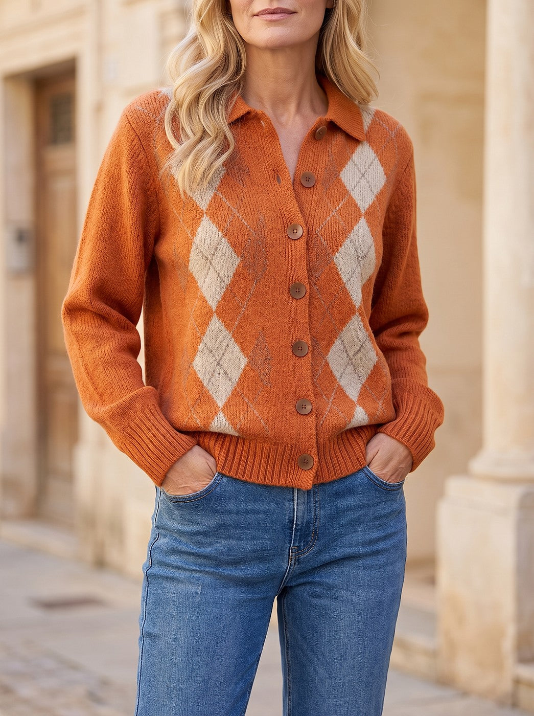 Women's Argyle Shirt Collar Button Up Cardigan