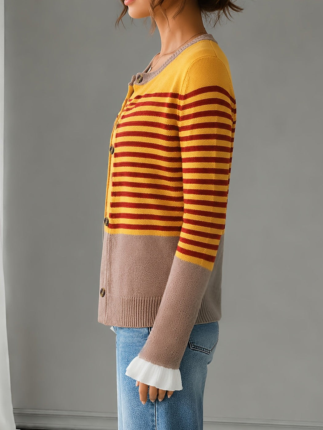 Women's Striped Knit Cardigan with Ruffle Cuffs