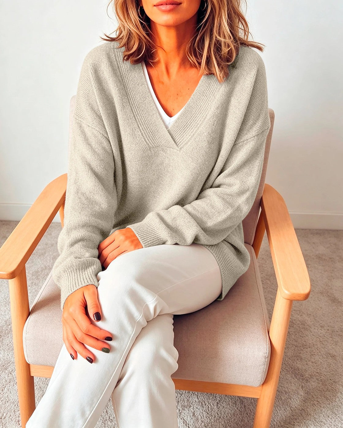 Women's Oversized Drop Shoulder Deep V Sweater