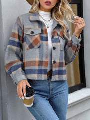 Women's Cropped Plaid Shirt Jacket Chest Pockets