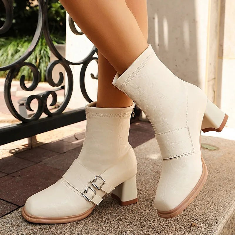 Women's Sock Fit Buckle Block Heel Boots