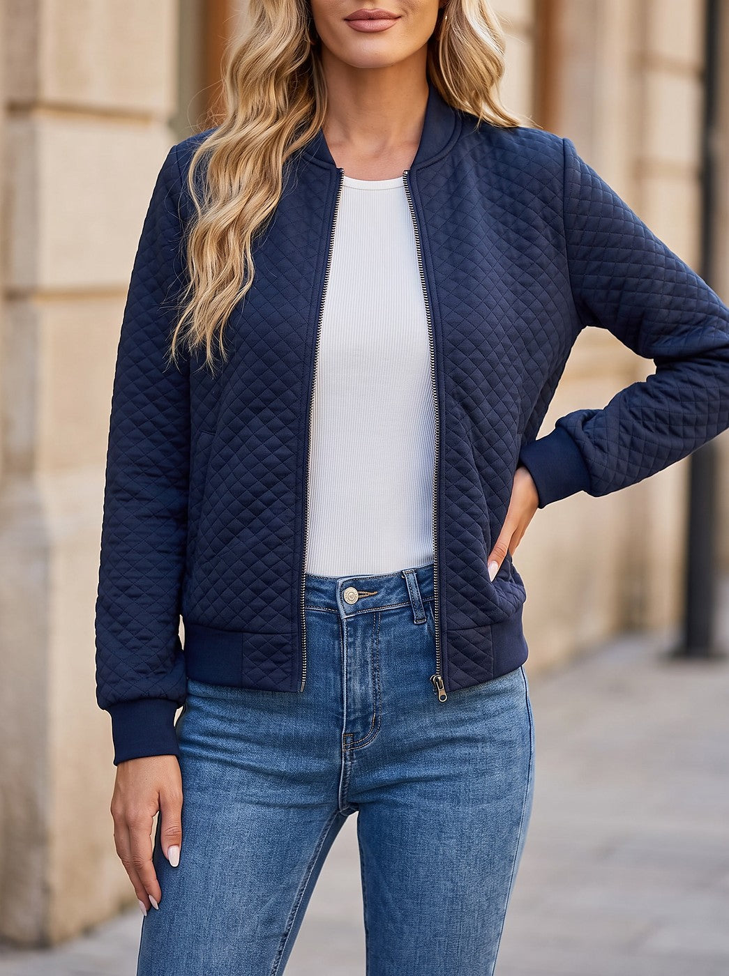 Women's Diamond Quilted Bomber Jacket Ribbed Cuffs