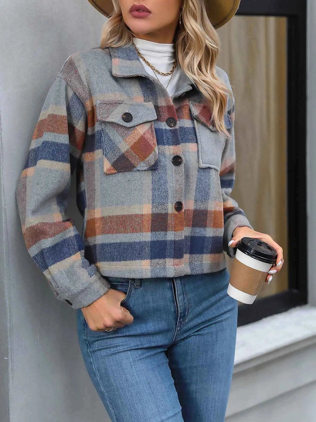 Women's Cropped Plaid Shirt Jacket Chest Pockets