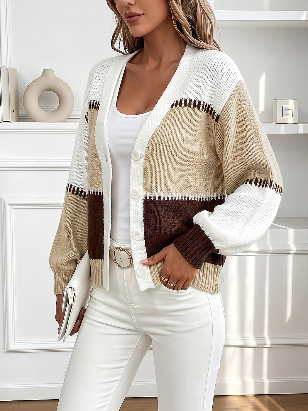 Women's Color Block Ribbed Puff Sleeve Cardigan