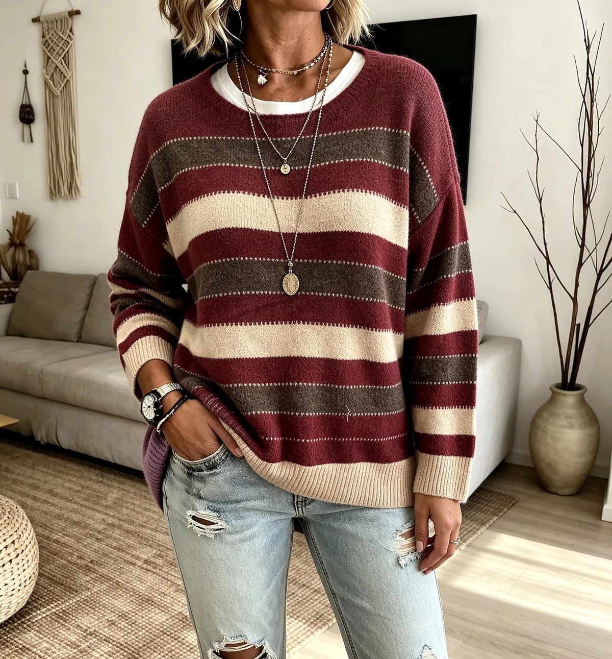 Women's Striped Jacquard Crewneck Drop Shoulder Sweater