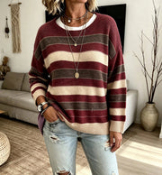 Women's Striped Jacquard Crewneck Drop Shoulder Sweater