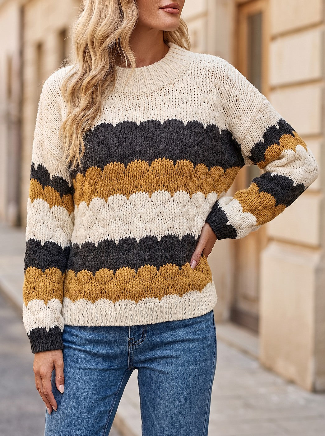 Women's Wavy Stripe Chunky Mock Neck Sweater