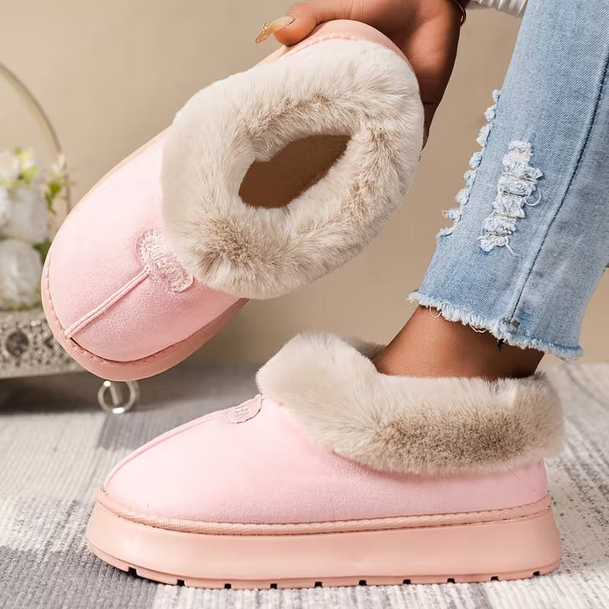 Women's Fuzzy Collar Winter Slipper Boots