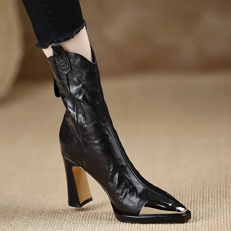 Women's Metal Toe Cap Flare Heel Booties