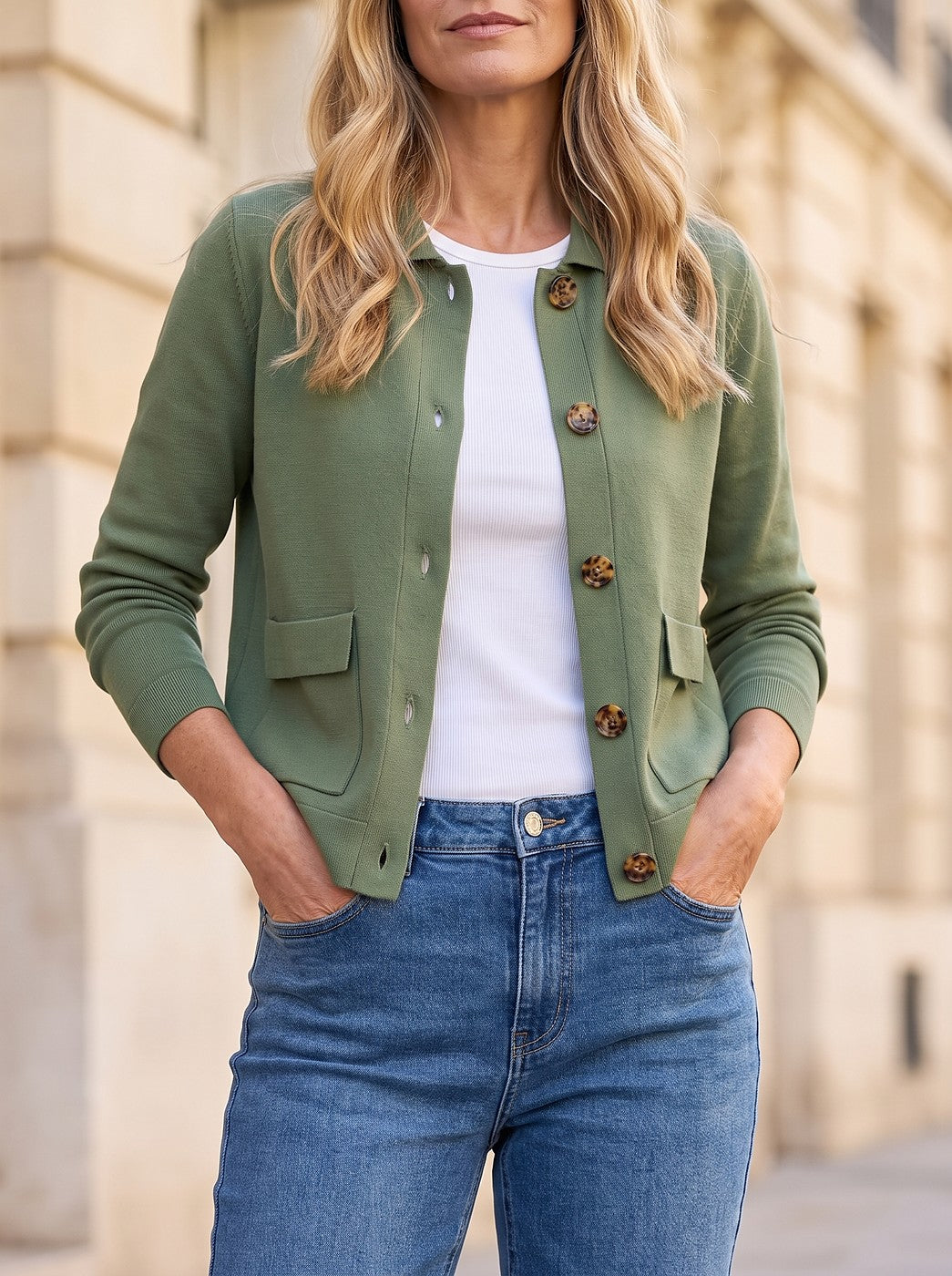 Women's Collared Button Front Knit Jacket Pockets