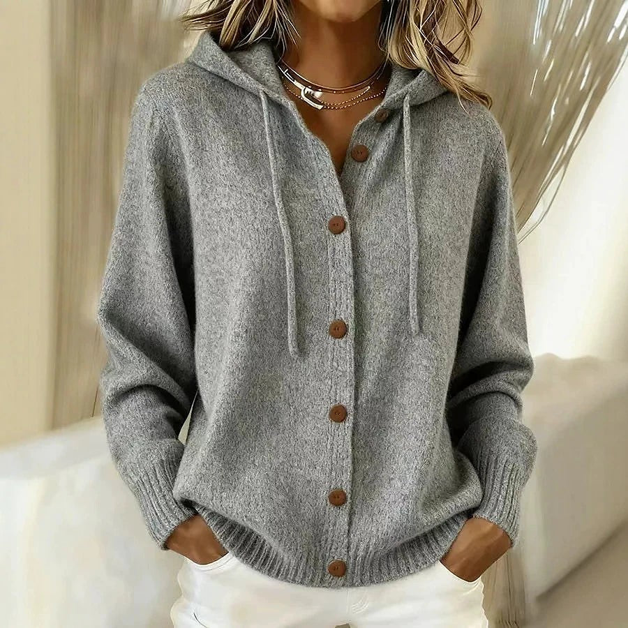 Women's Drawstring Hooded Knit Cardigan Wood Buttons