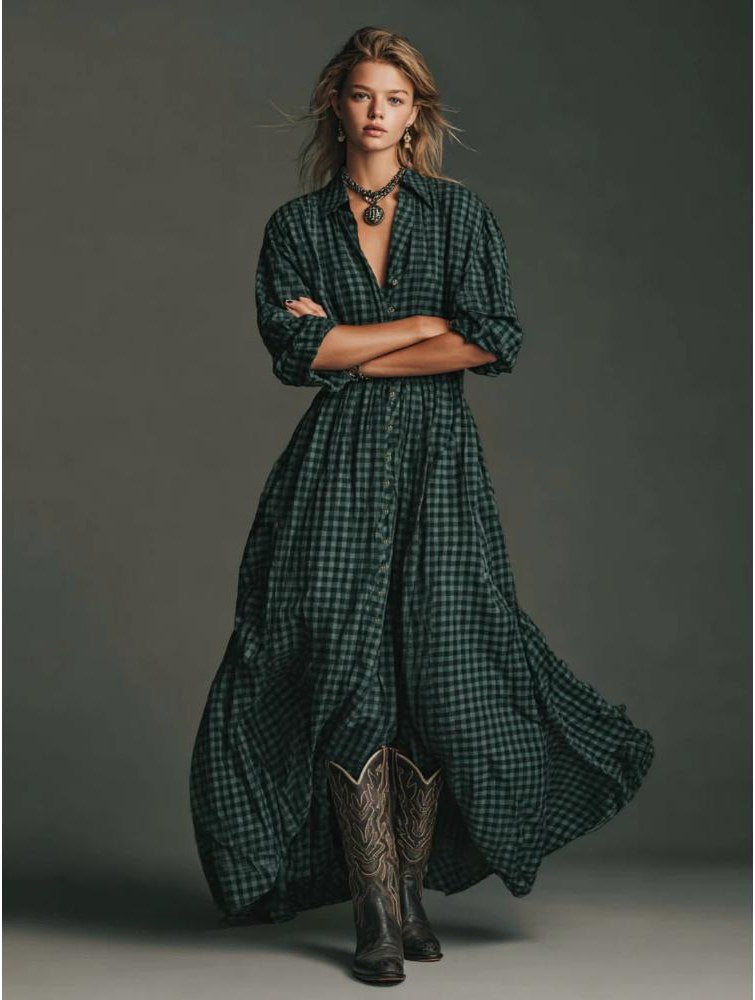 Women's Vintage Neckline Evening Dress in Plaid