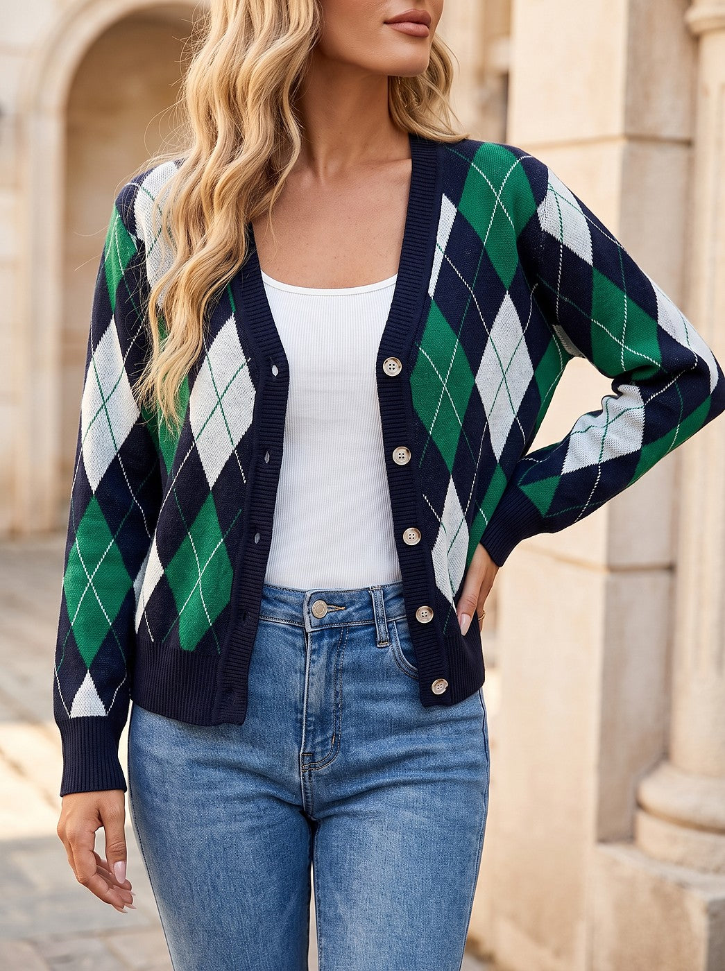 Women's Two Tone Argyle Fall Cardigan