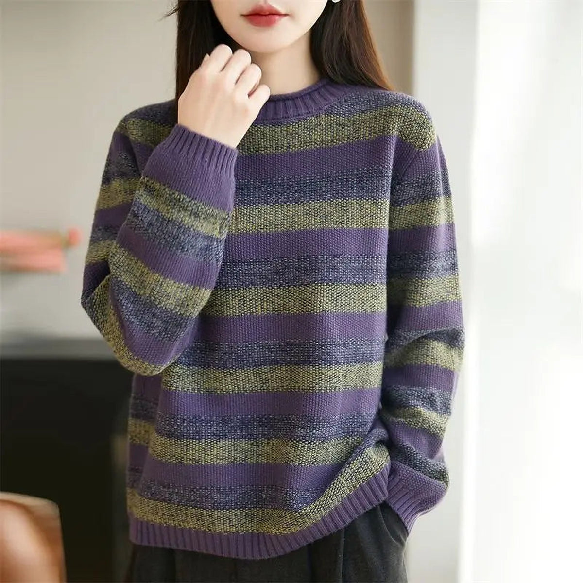 Women's Marled Stripe Loose Fit Fall Sweater