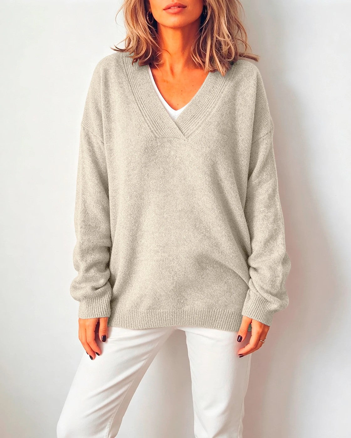 Women's Oversized Drop Shoulder Deep V Sweater