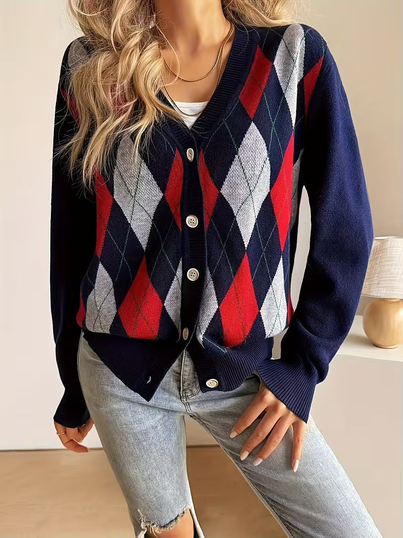 Women's Preppy Argyle Crewneck Cardigan