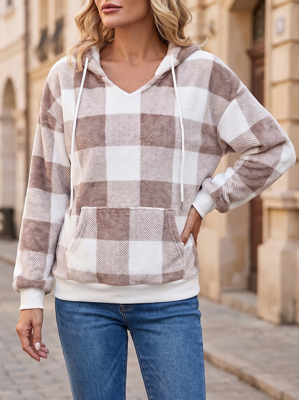 Women's Buffalo Plaid Sherpa Hoodie with Pocket