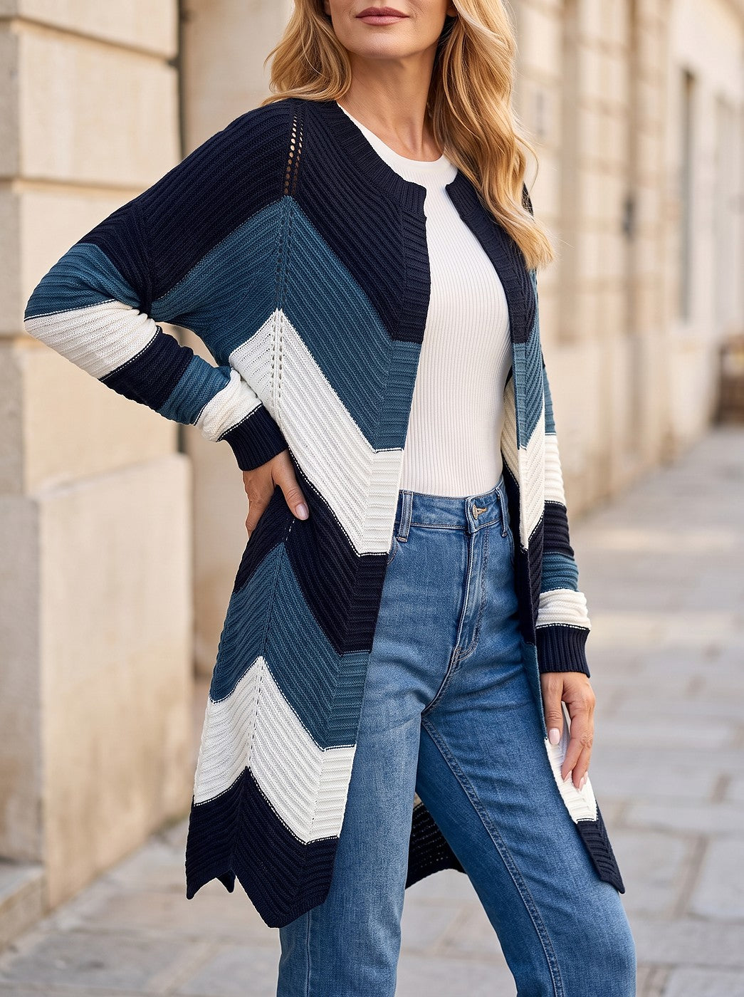Women's Zigzag Color Block Open Cardigan