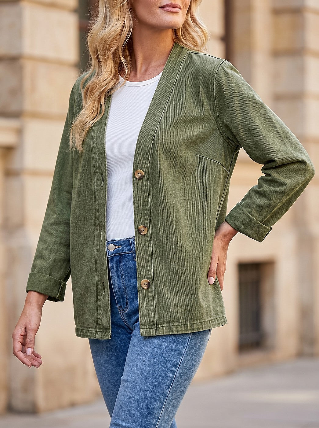 Women's Collarless Button Front Washed Denim Jacket