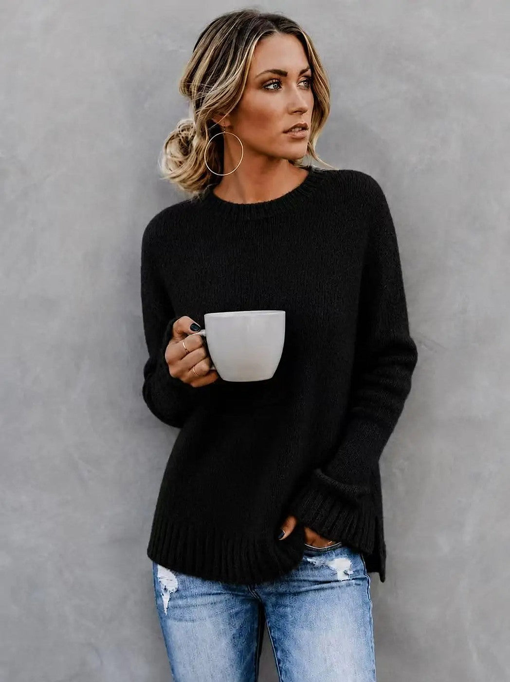 Women's Marled Knit Sweater Side Slit