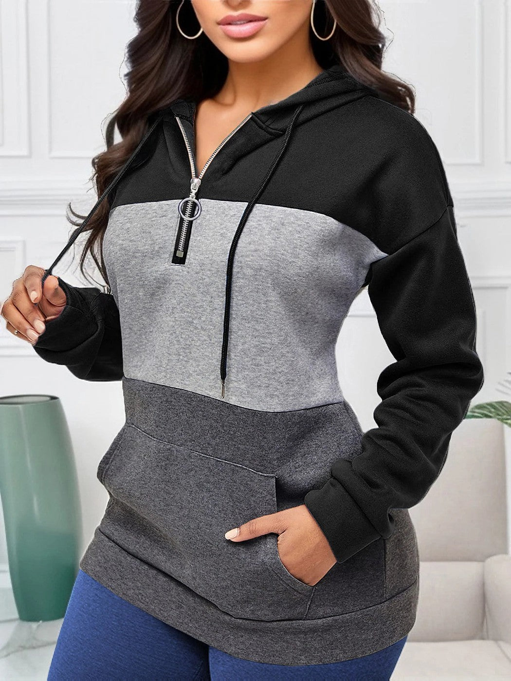 Women's Color Block Half Zip Fleece Hoodie