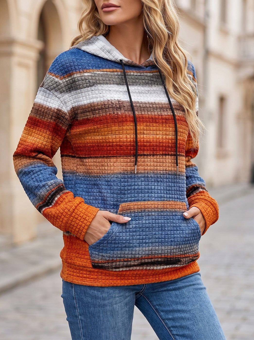 Women's Striped Waffle Knit Kangaroo Pocket Hoodie