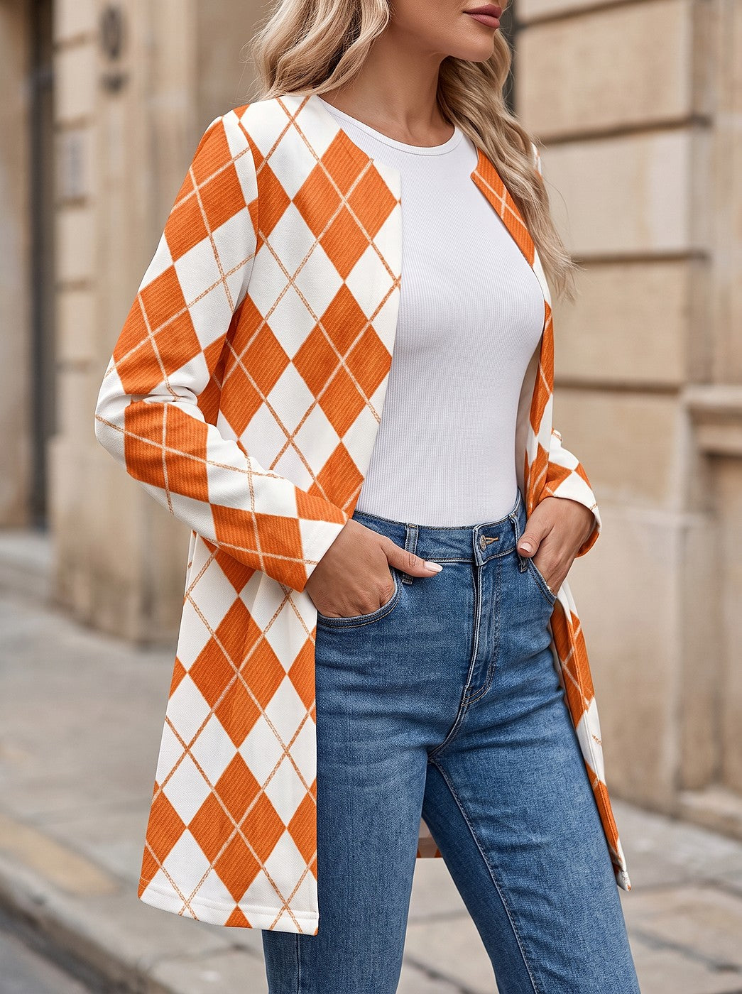 Women's Argyle Print Collarless Open Cardigan