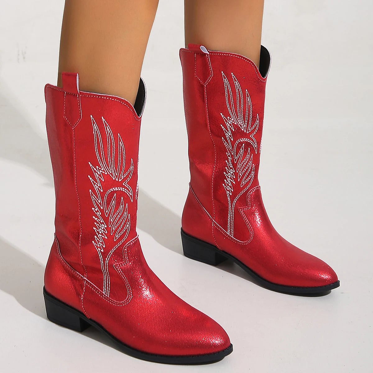 Women's Denim Cowboy Boots Pull Tabs