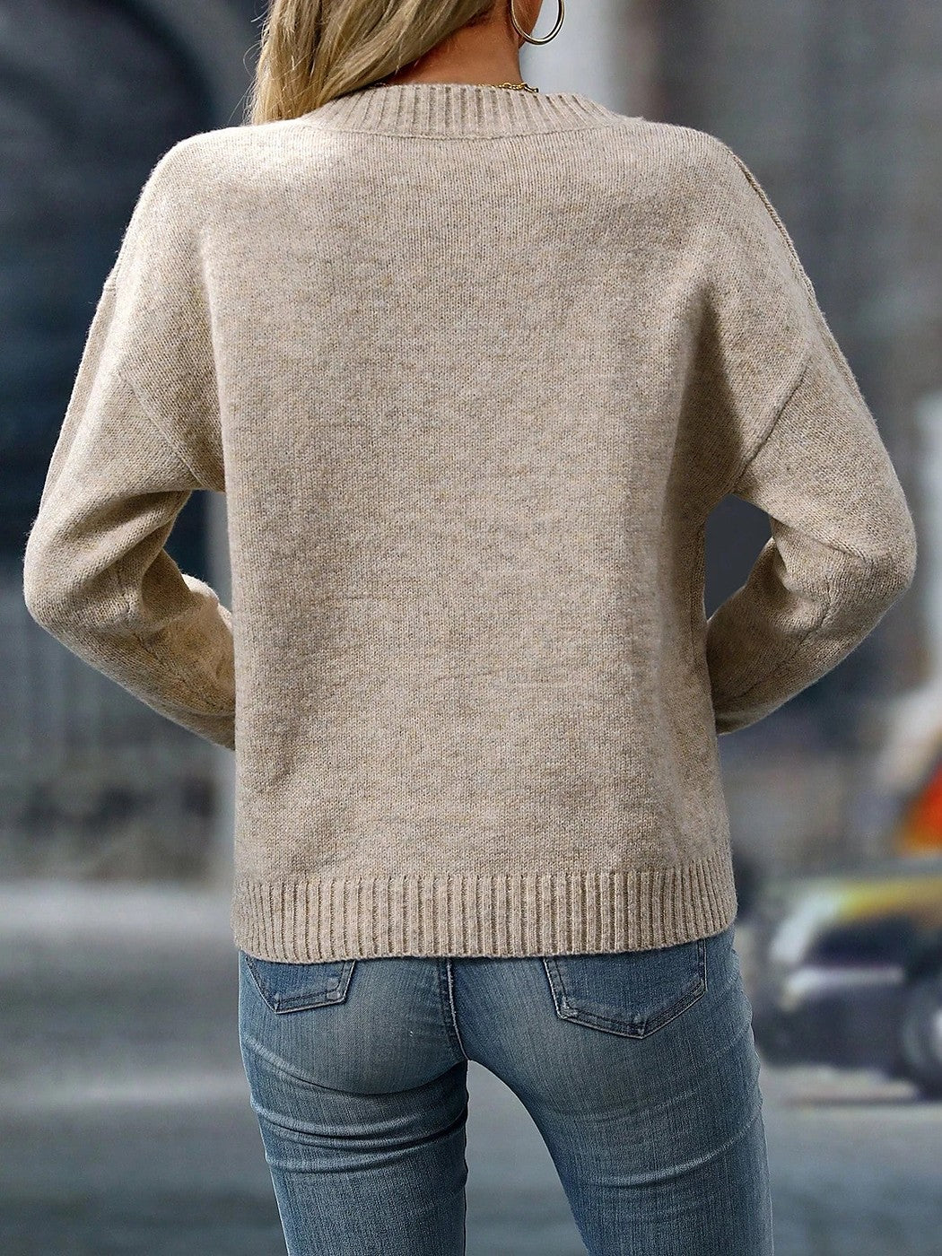 Women's V Neck Sweater Side Slit Hem