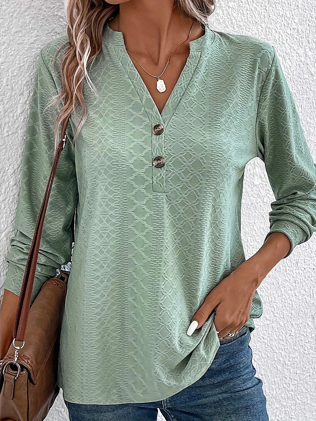 Women's Notch Neck Button Placket Textured Top