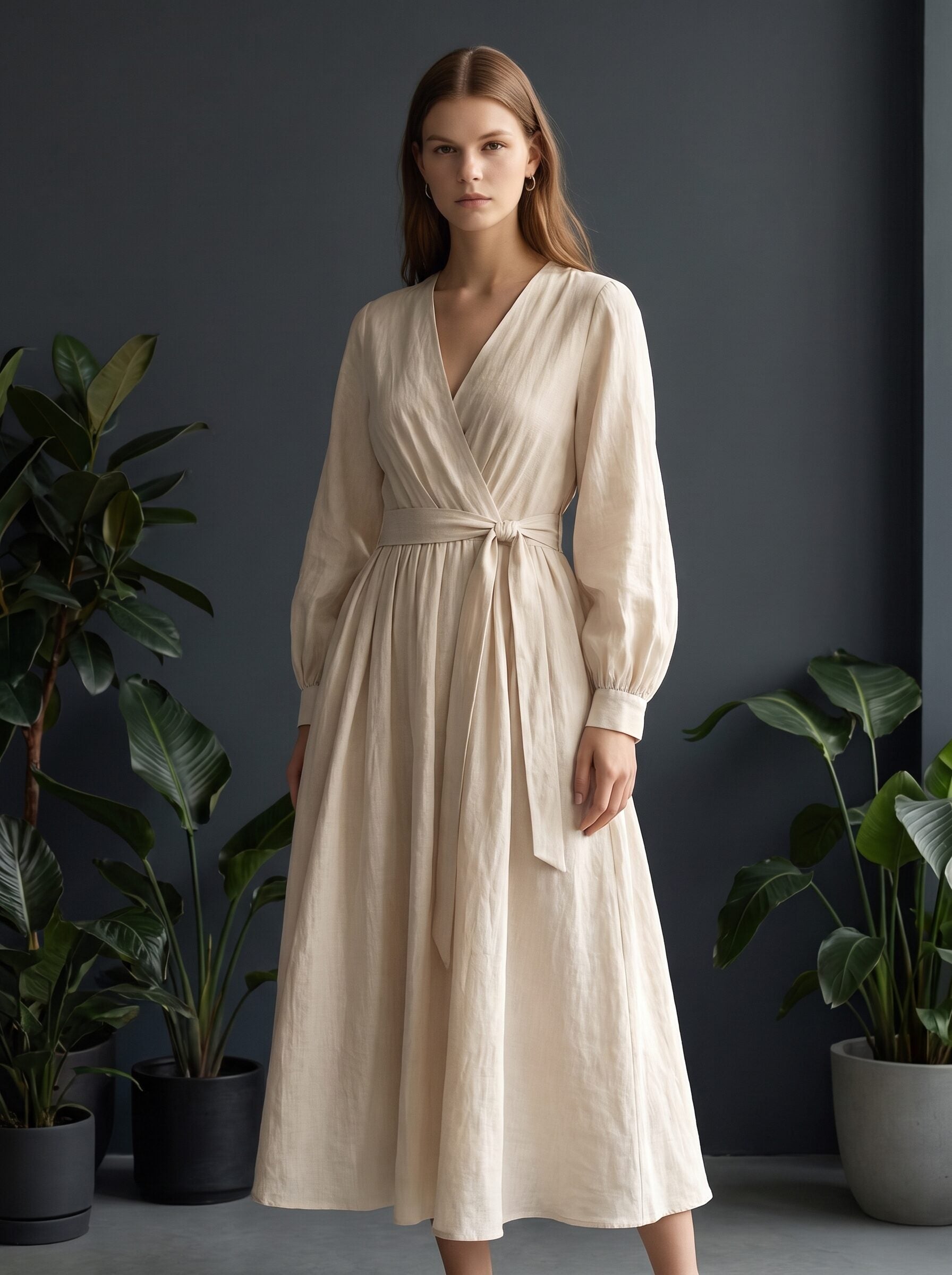Women's Linen Wrap Maxi Dress