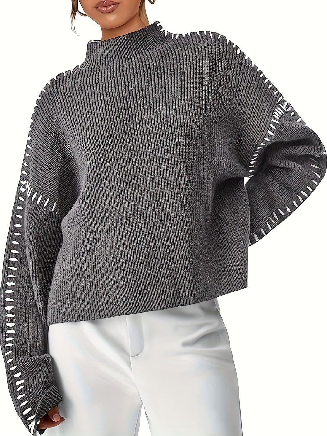 Women's Whipstitch Detail Mock Neck Ribbed Sweater