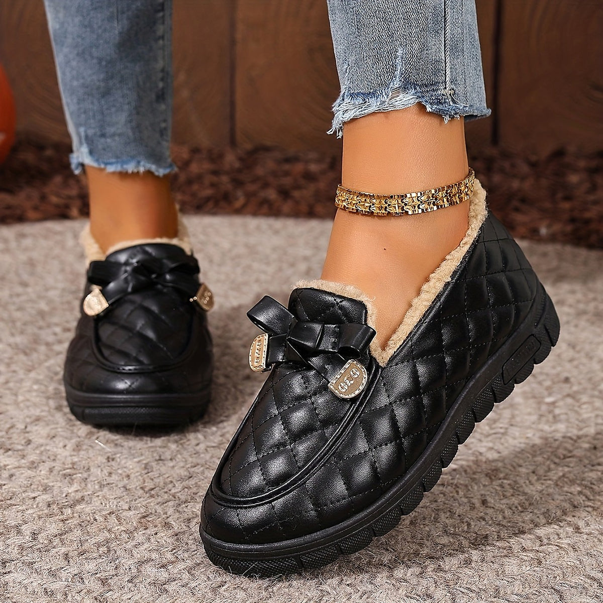 Women's Quilted Fur Lined Slipper Loafers