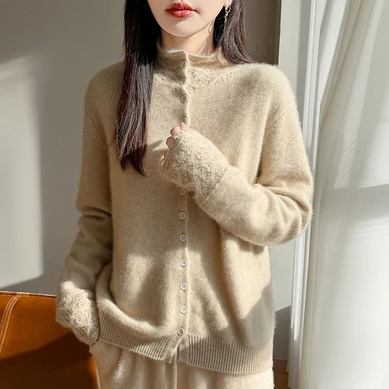 Women's Mohair Button Up Cardigan Mock Neck