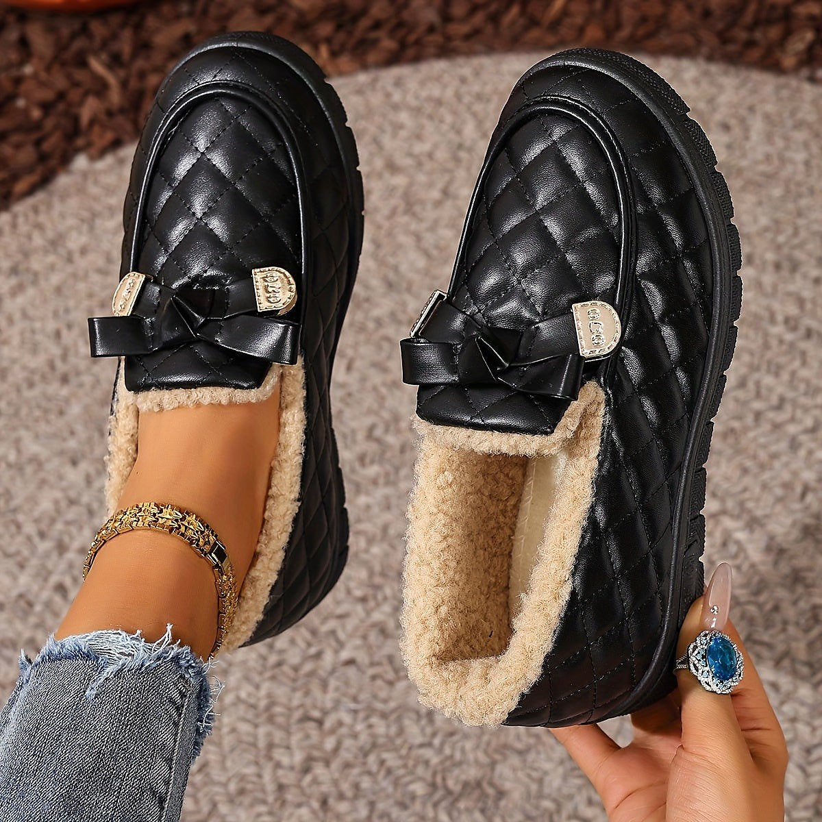 Women's Quilted Fur Lined Slipper Loafers