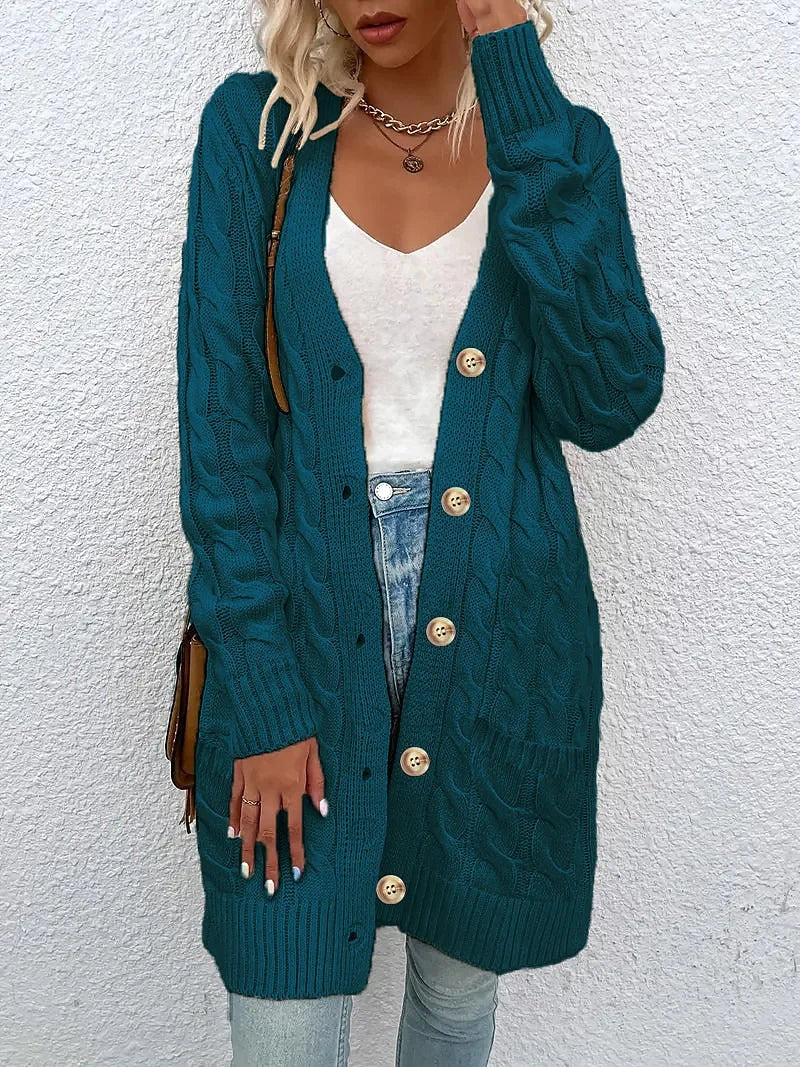 Women's Longline Cable Knit Cardigan Patch Pockets
