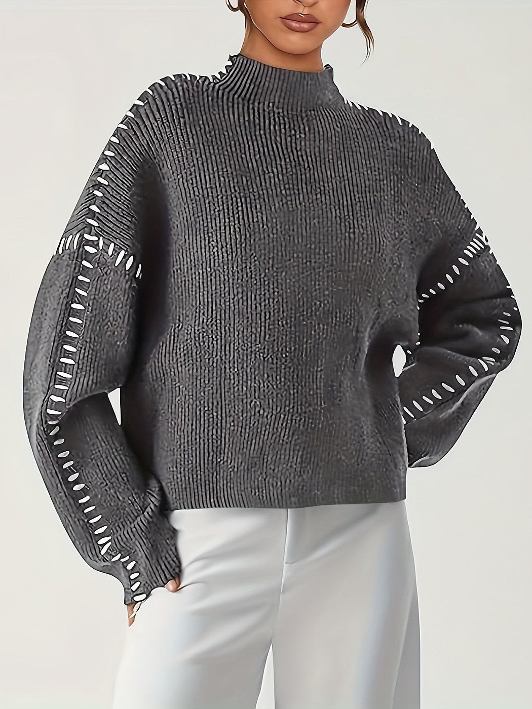 Women's Whipstitch Detail Mock Neck Ribbed Sweater