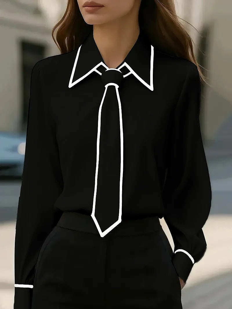 Women's Necktie Collared Button Down Dress Shirt
