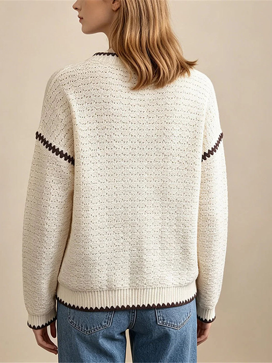 Women's Chevron Trim Open Knit Crewneck Sweater