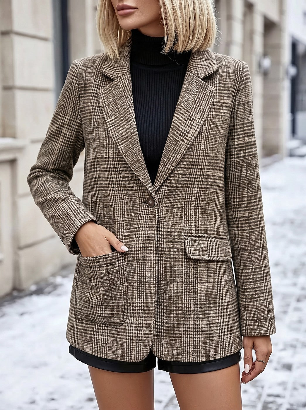 Women's Plaid Notch Lapel Single Button Blazer