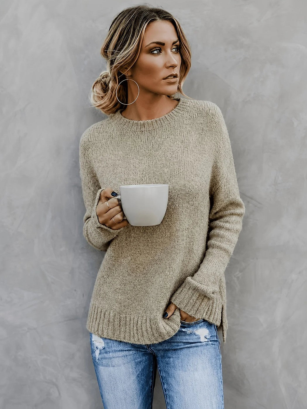 Women's Marled Knit Sweater Side Slit