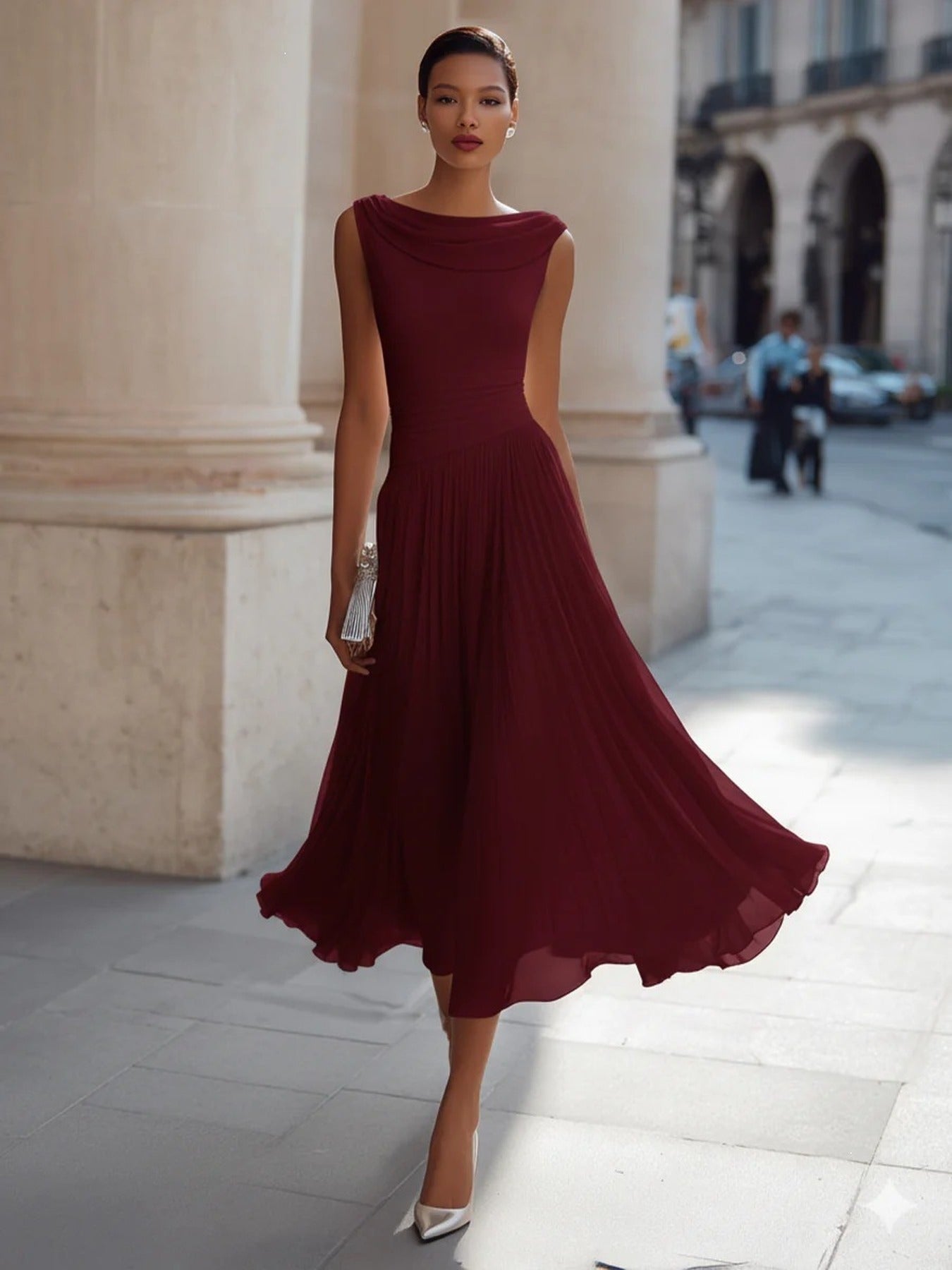 Women's Cowl Neck Pleated Flowy Midi Dress
