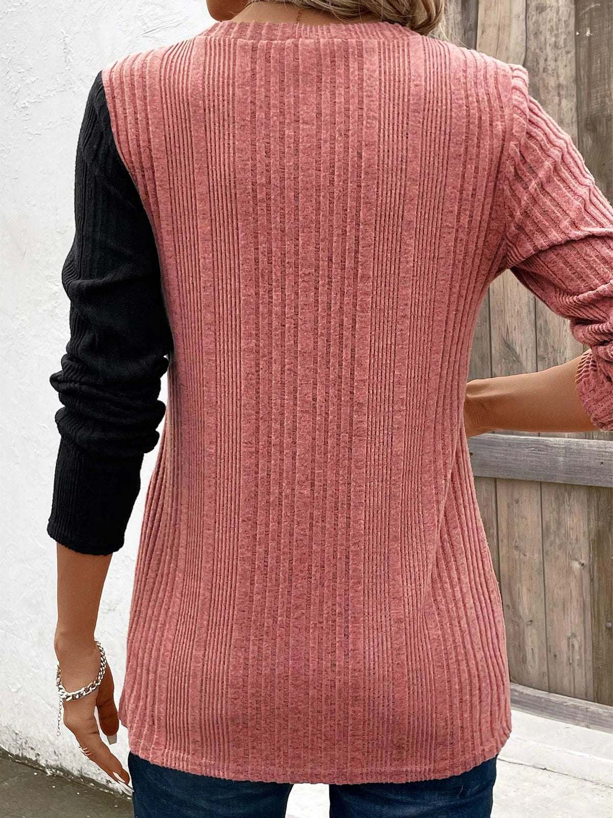 Women's Color Block Button Long Sleeve Top